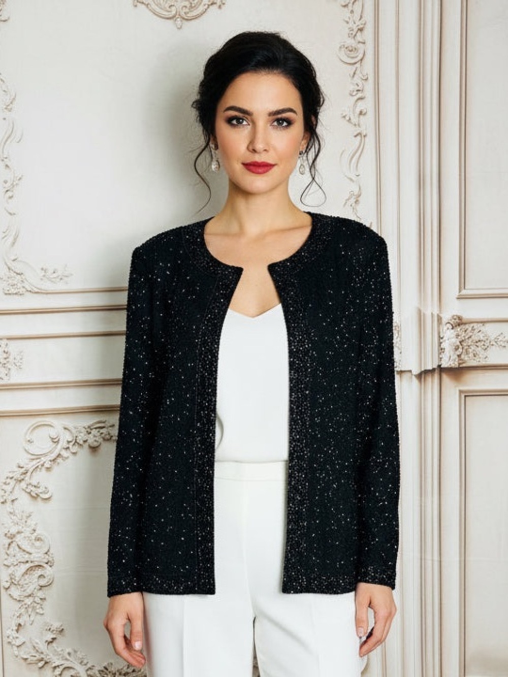 Laurence Kazar Black Beaded Open Jacket